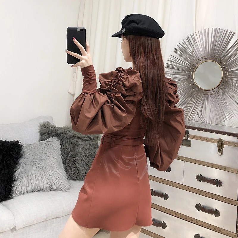 IHOBBY Women Puff Sleeve Knitting Slim Sweater Round Neck Patchwork Fashion Streetwear Blusas Korean Fashion Clothing