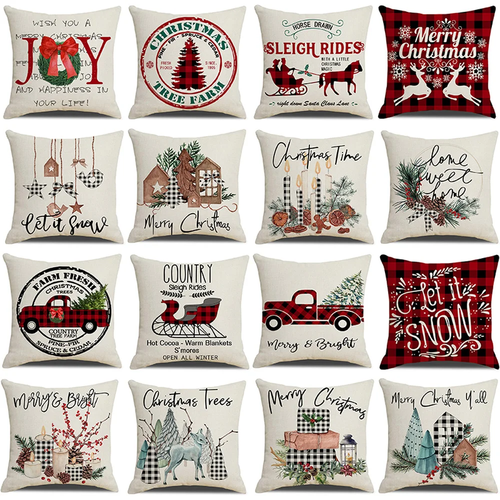 

Christmas Farmhouse Decoration Cushion Cover 18x18 Inches Candle Pine Tree Reindeer Sleigh Printed Pillow Cover Xmas Pilloecasse