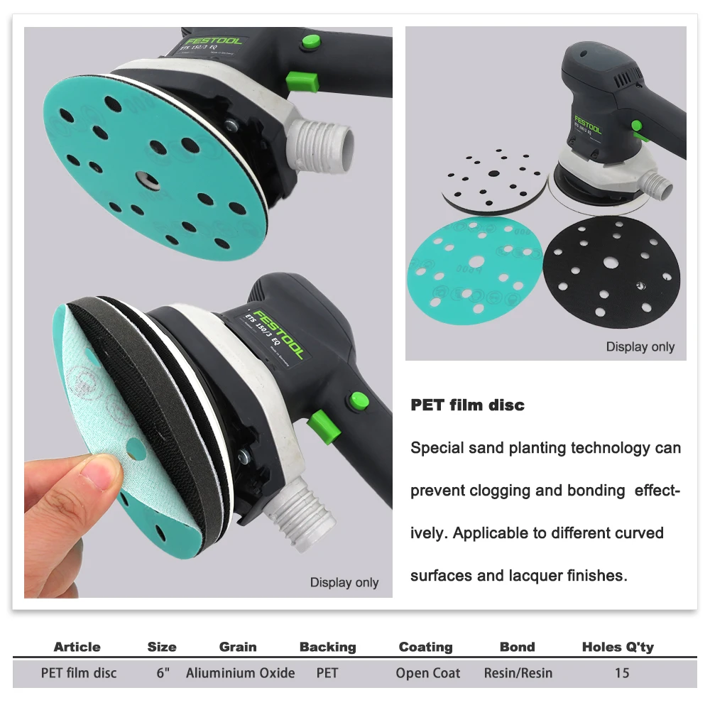 10Pcs 6 Inch 15 Holes 60 to 2000 Grits Hook and Loop PET Film Green Sandpaper Sanding Disc