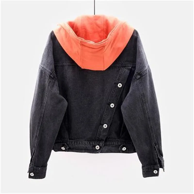 Denim Jacket Woman Student Korean Style Loose Short Coat Female Longsleeve Hooded Jacket Multi-Pocket Button Top Solid Color A10