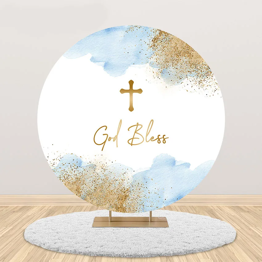 

Mehofond First Communion Round Photography Background God Bless Baptism Golden Cross Kids Decoration Backdrop Photo Studio Props