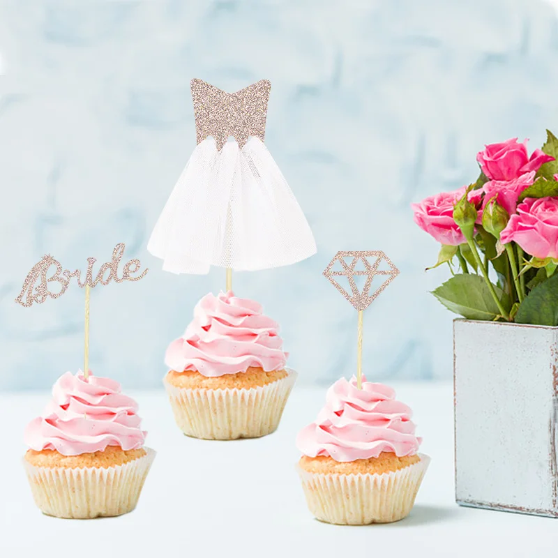 Rose Gold Glitter Bride To Be Diamond Wedding Dress Cupcake Toppers Bridal Shower Wedding Bachelorette Party DIY Decor