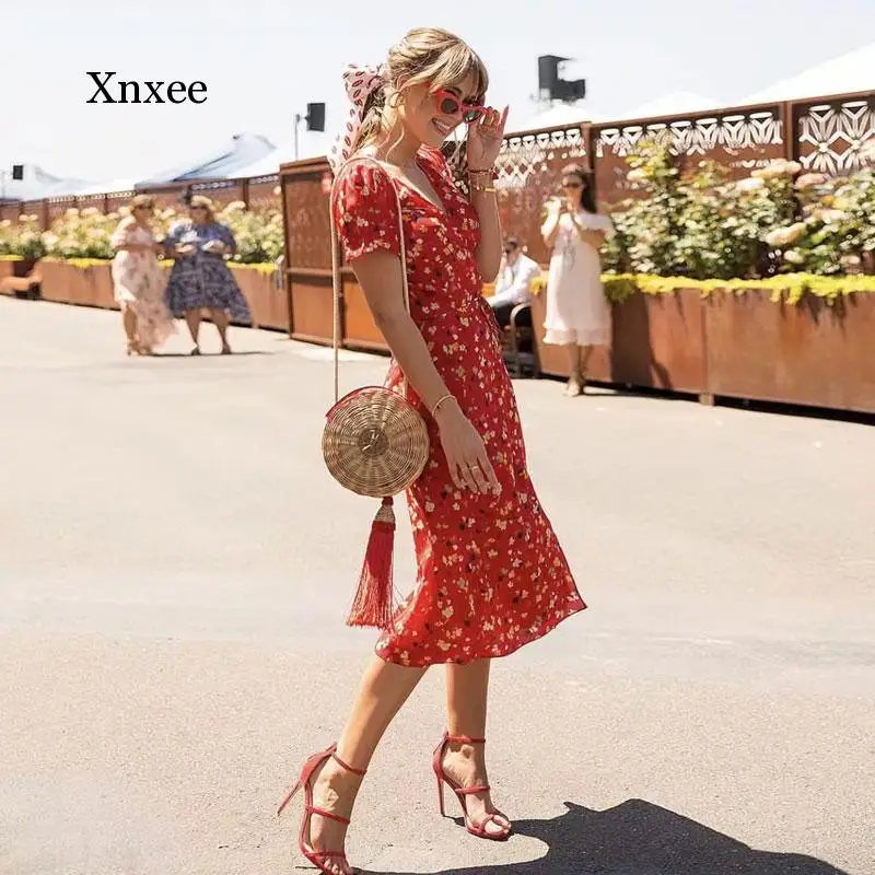 

Sexy Floral Print Summer Dress Short Sleeve V Neck Red Party Dresses New Beach Maxi Dress Vintage Long Robe Femme