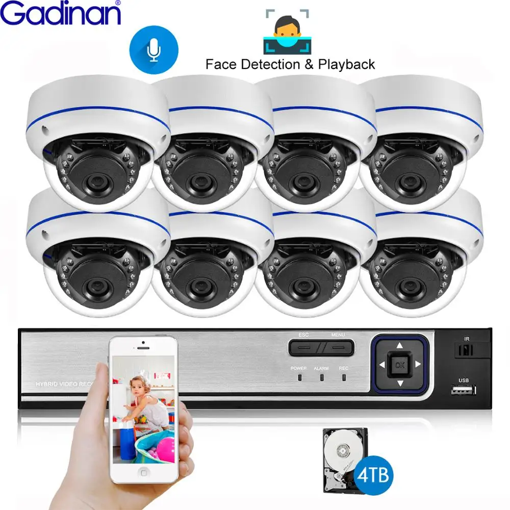 Gadinan Nhận Diện Khuôn Mặt 8CH 5MP NVR Camera Quan Sát An Ninh Bộ Hệ Thống POE Âm Thanh Ghi Dome Ngoài Trời POE IP Giám Sát Video bộ