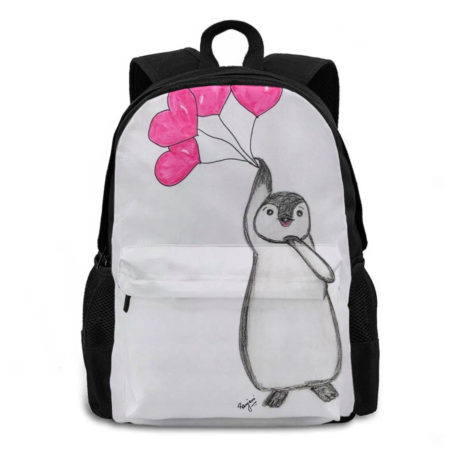 Flying Penguin School Bag Big Capacity Backpack Laptop 15 Inch Penguin Balloon Fly Pattern Beach Relax Sand Sky Blue Tree Water