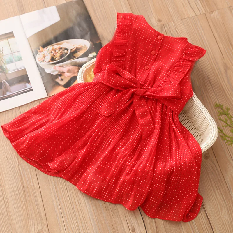 2022 Summer 3 4 5 6 7 8 9 10 12 Years Children Button Dot Belt Sleeveless Red Cotton Lining Chiffon Dress For Kids Baby Girl