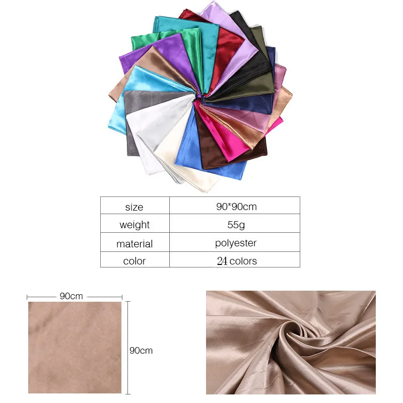 90cm Solid Colors Neckerchief Hijab Scarf For Women Silk Satin Headband Hair Scarves Female Square Shawls Head Scarfs For Ladies