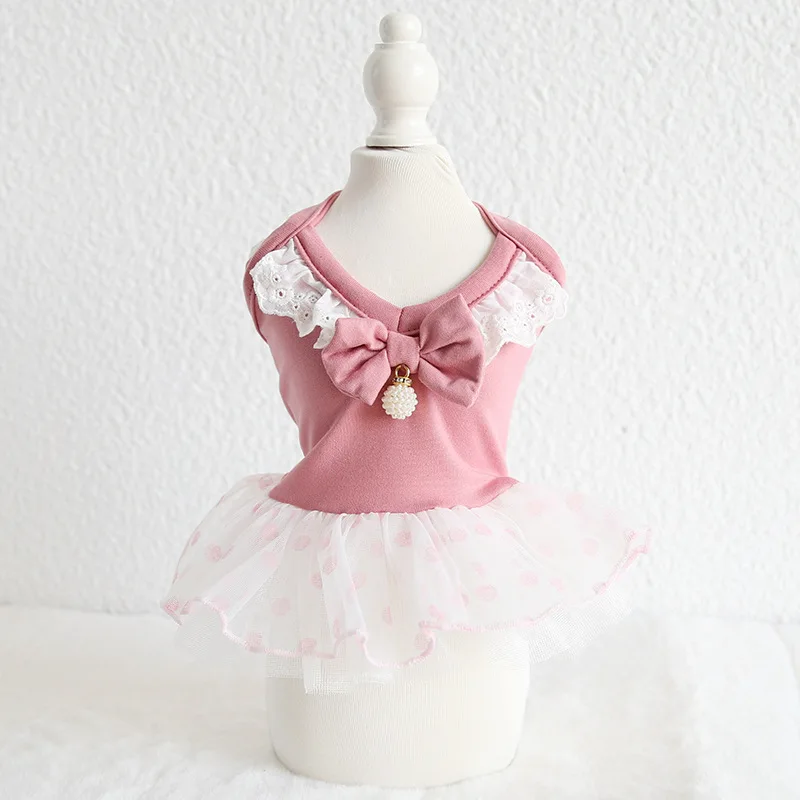 

Pink Lace Bow Dog Cat Dress Pet Products Summer 100% Cotton Clothing For Dogs Cats Chihuahua Teddy Pet Puppy Dog Clothes 2020