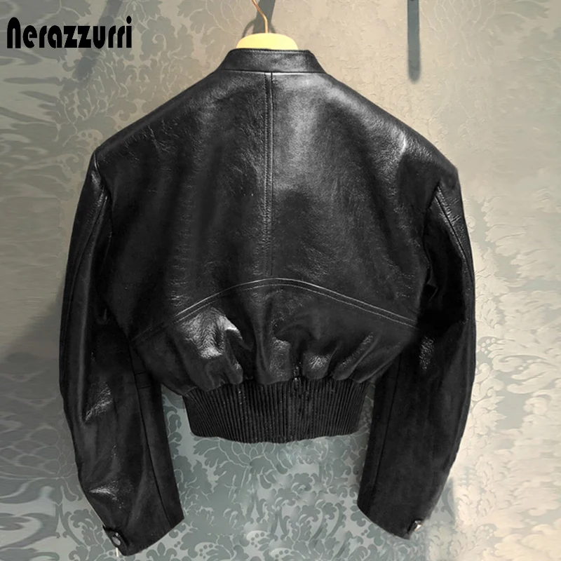 Nerazzurri Spring Short Patchwork Faux Leather Jackets for Women Long Sleeve Zipper Crop Top Runway Designer Clothes Fashion