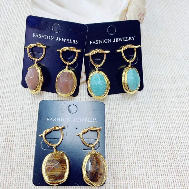 

ZLH Jasper Earring Natural Stone Oval Shape 24K Gold For Lady 3pairs Factory Wholesale Earring Mix Style