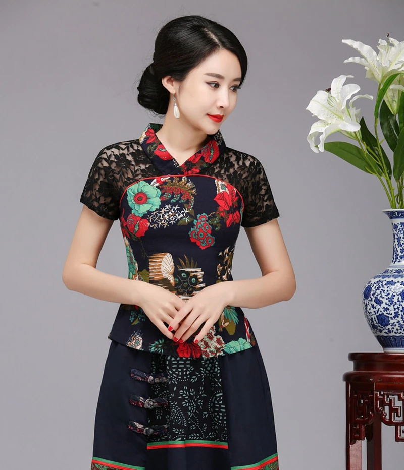 

Novelty Green Flower Blouses Top Ladies Shirt Cotton Linen Shirt Embroidered V-neck Short-sleeved Shirt Linen Blouse