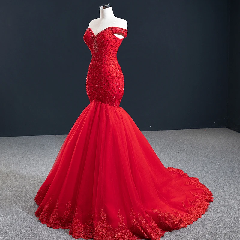 Robe de soirée de forme sirène rouge, Sexy, col en cœur, épaules dénudées, paillettes, perlage, J67150