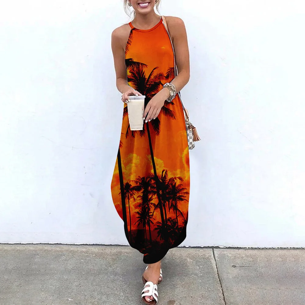 

Printed Maxi Dresses Hawaii Sexy Sleeveless Sundress Women Causal Halter Summer Beach Dress Asymmetric Sling Long Dresses