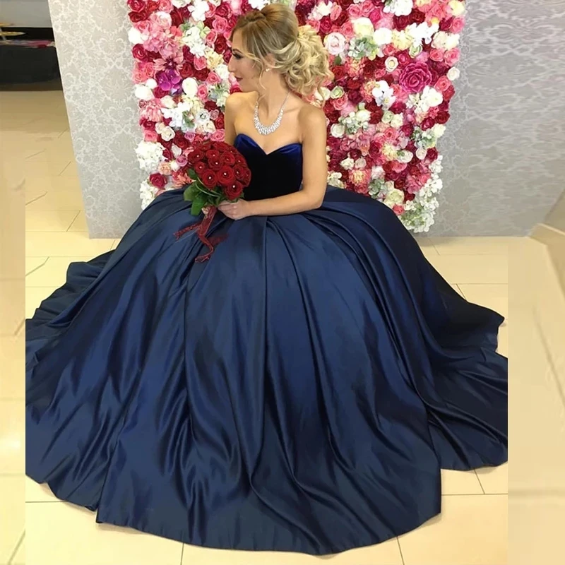 Weiyin AE0622 Elegant Navy Blue Satin Baljurken Prom Jurken Fluwelen Sweetheart Top Avond Partij Jassen Vestido De Gala