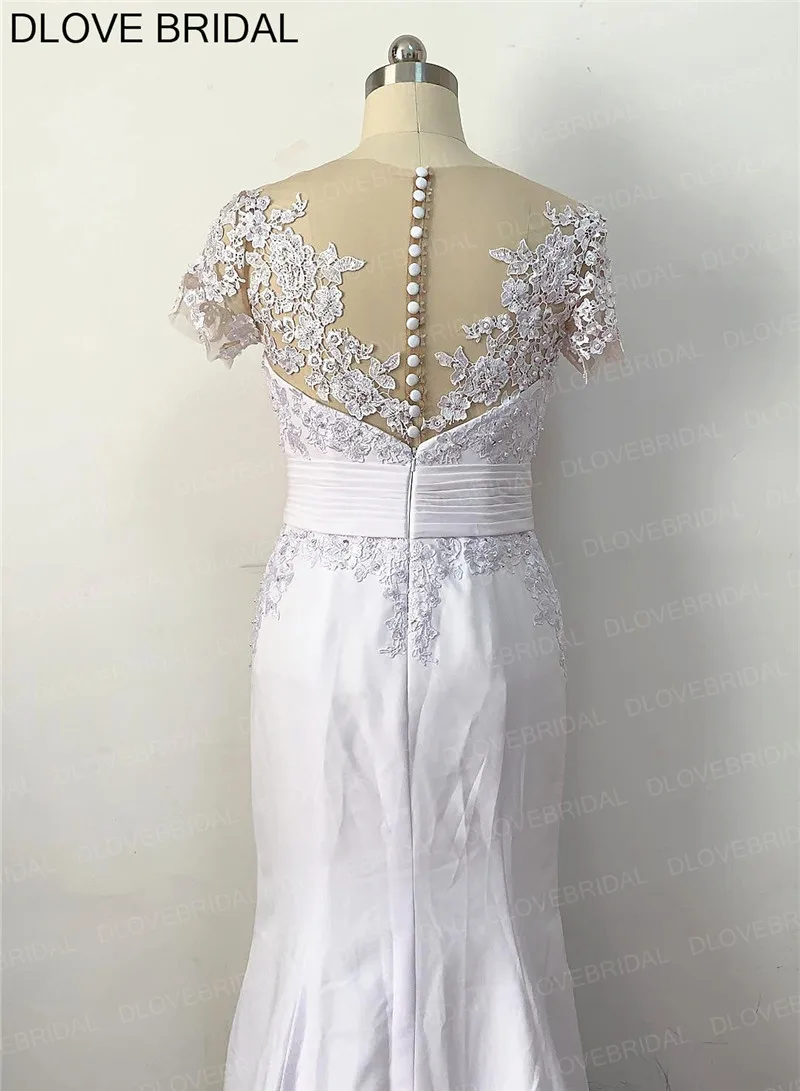 Đơn Giản Nữ Tay Ngắn Bãi Biển Áo CướI Ren Boho Appliques Ảo Giác Đầu Áo Dài Cô Dâu Với Nút Lưng Nhà Máy Tự Làm