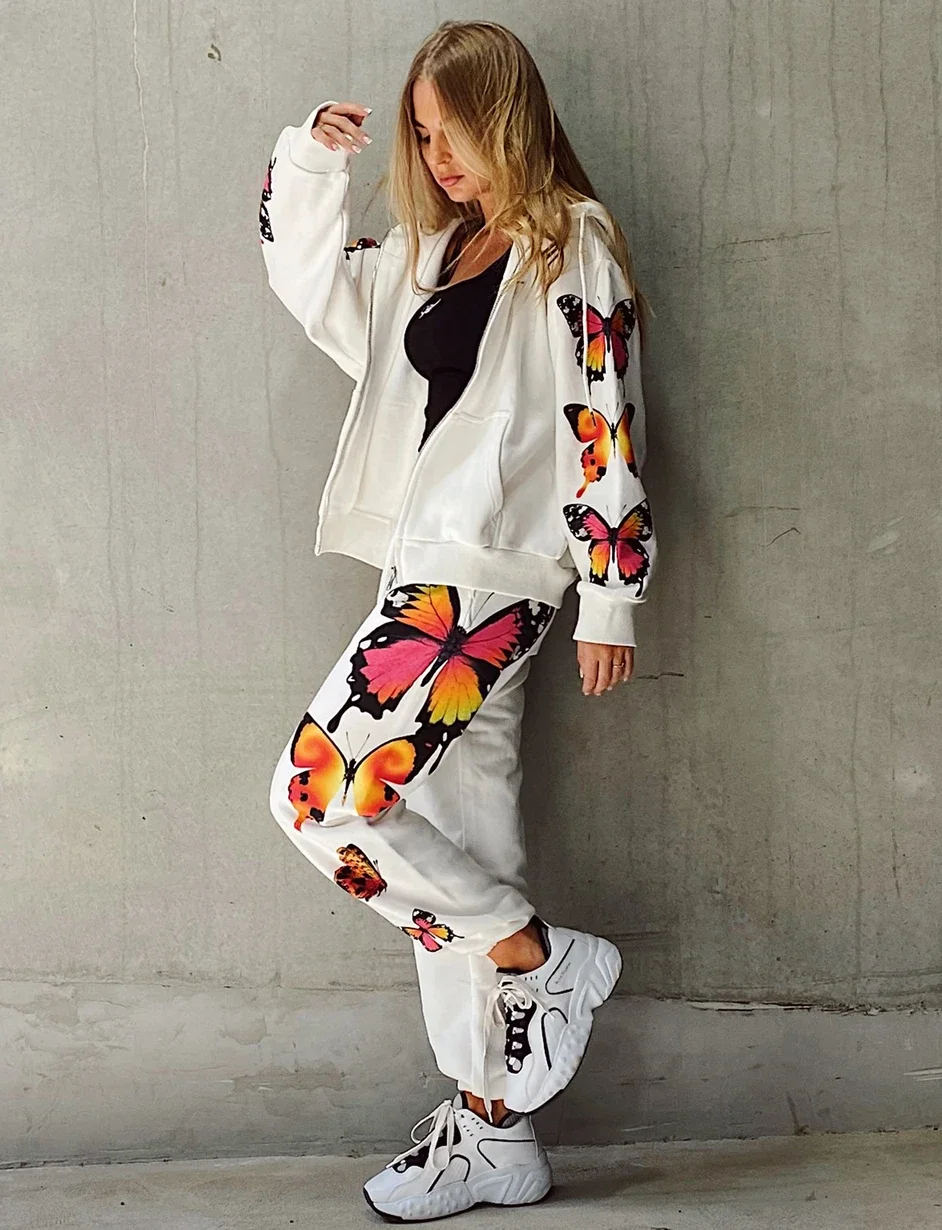 2pcs Women Sets Fashion Tracksuit Butterfly Printed Sport Set Sweatshirt Pants Sets Hooded Jacket Pants Fashion Streetwear