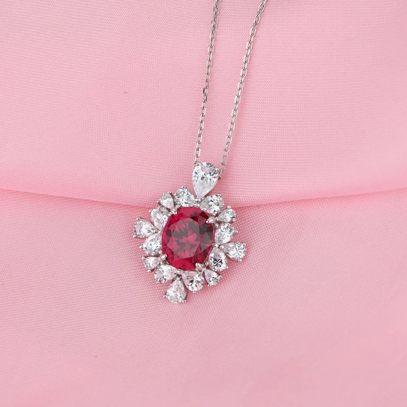 GICA 100% 925 Sterling Silver 8*10MM Garnet musujące wysokiej węgla wisiorek diamentowy naszyjnik dla kobiet Wedding Party Fine Jewelry