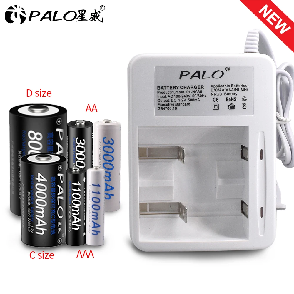 PALO Newest Smart Indicator Light Display Battery  Charger For Ni-Cd Ni-Mh AA/AAA/C/D Size Rechargeable Battery Use