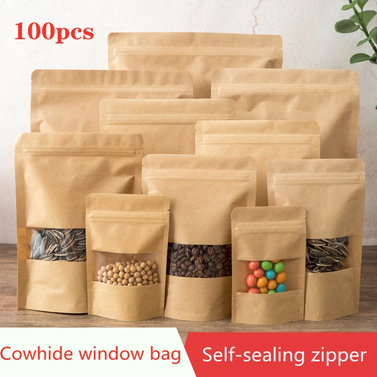 100pcs Kraft paper window zipper bag brown reusable self-sealing candy bread cookie gift bag