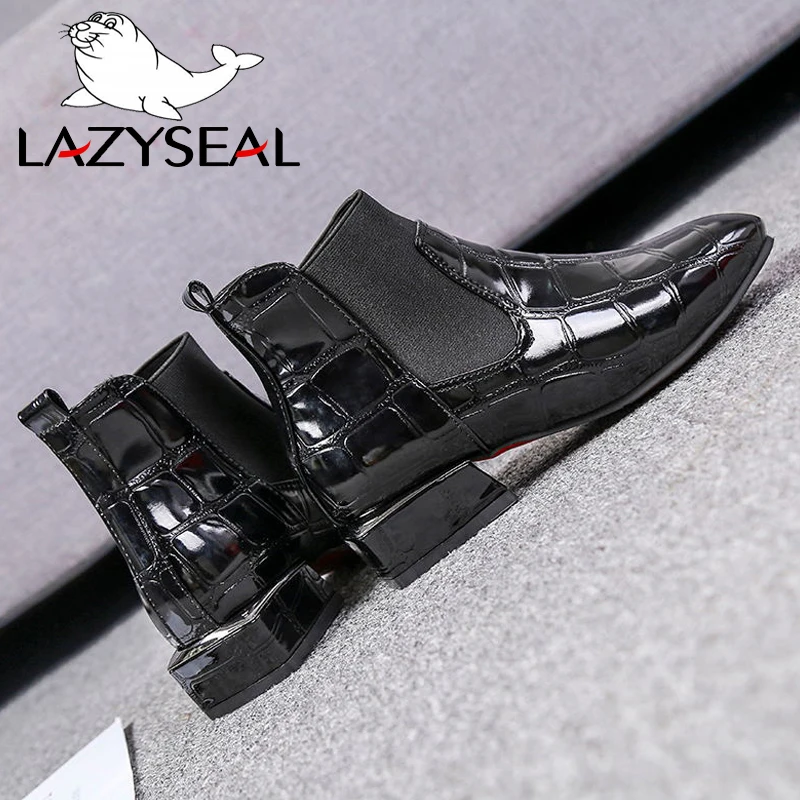 LazySeal New Square Toe Ankle Boots For Women Patent Leather Elastic Band Slip-on Woman Shoes Ladies Fashion Boots Woman Booties