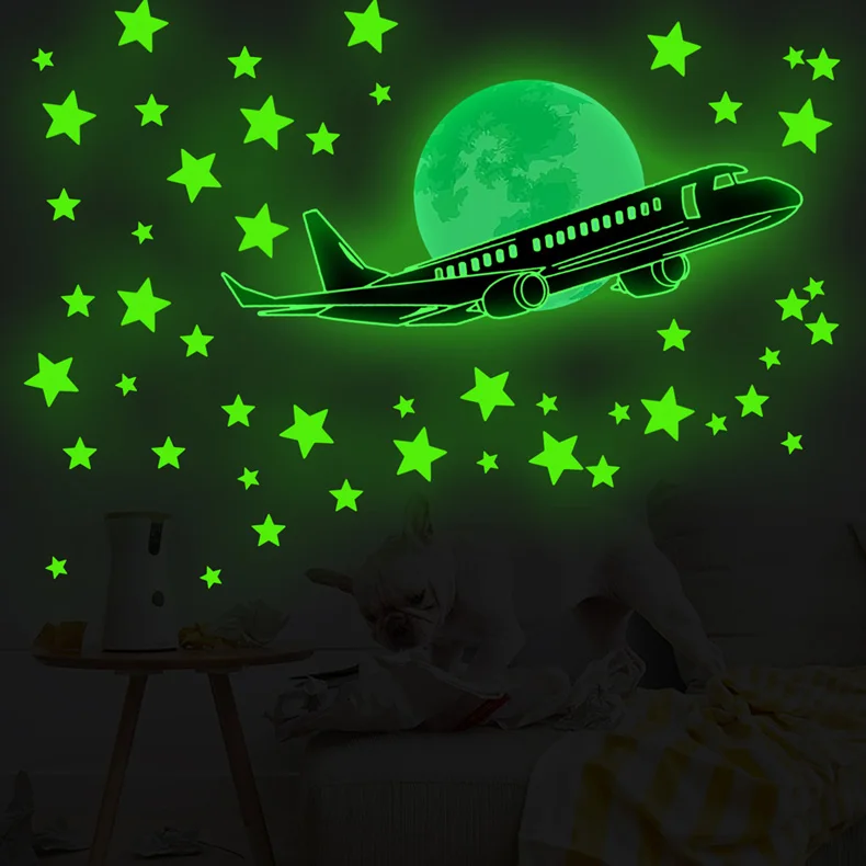 Flugzeug-Sterne-Mond-Leuchtwandaufkleber für Schlafzimmer, Wohnzimmer, Kinderzimmer, Heimdekoration, im Dunkeln leuchtende Kombinations-Tapeten – Detail 3
