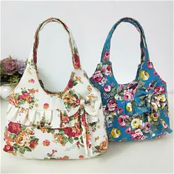 Retro Women Canvas Handbag Bow Shoulder Bag Female Flower Printed Fashion Small Canvas Bag Mobile Phone Bag Coin Purse Mini Bag