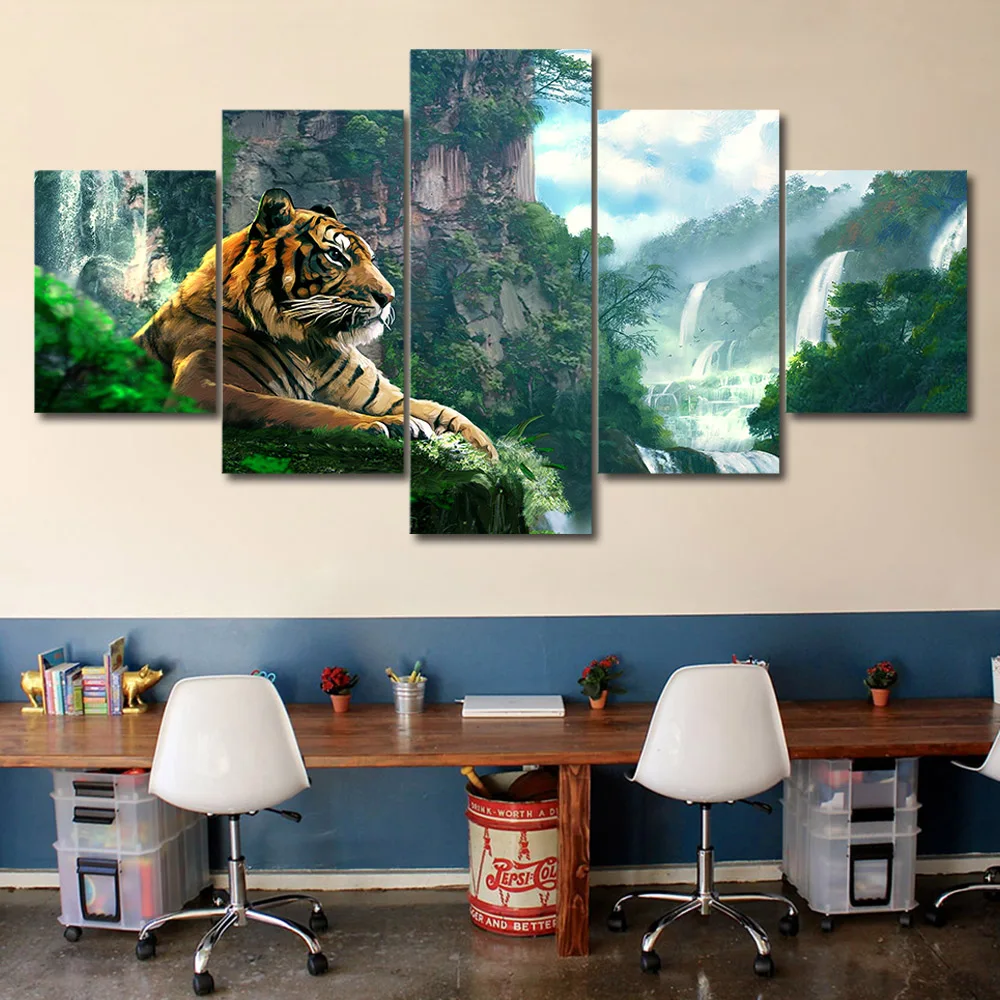 Living Room HD Printed Poster Modern Wall Art Painting 5 Panel Tiger And Mountain Waterfall Home Decoration Pictures Framework