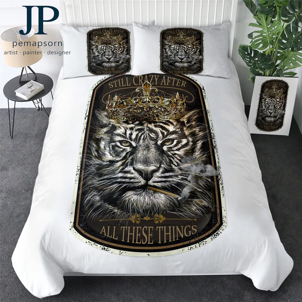 Tiger King by Jp.pemapsorn Bedding Set 3D Print Luxury Quilt Cover Animal Bedspread Golden Crown Bed Cover 3-Piece Juego De Cama