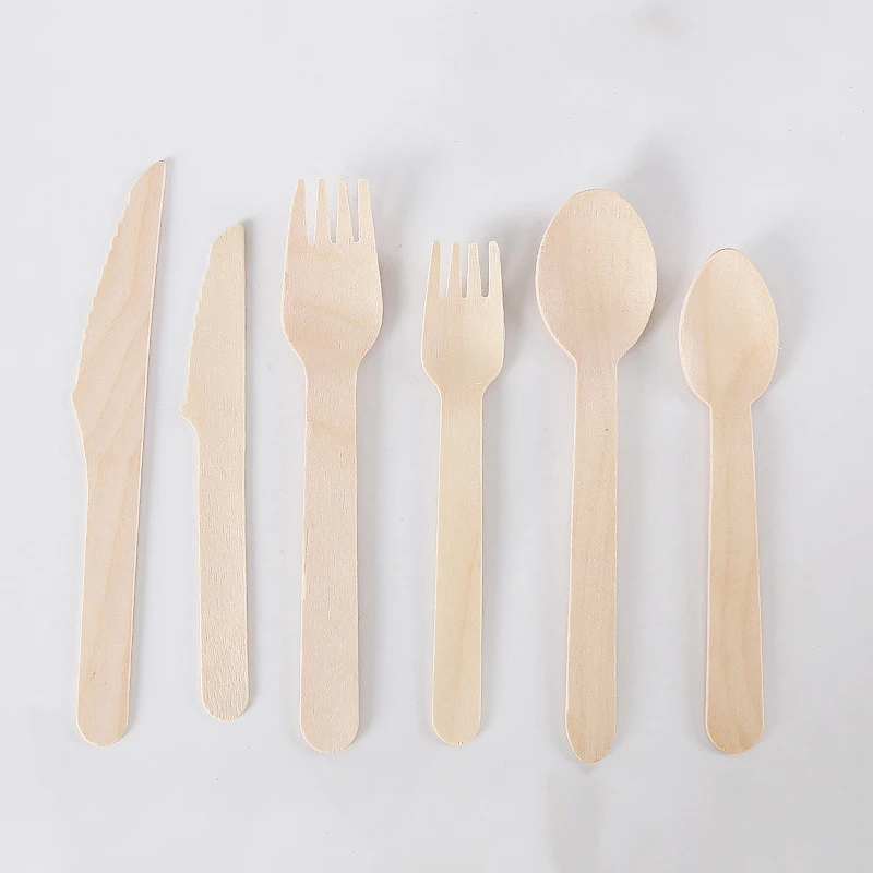 100Pcs Disposable Prong Spoon Knife Straw with Brush Wooden Fork Compostable Forks Bamboo Plates Party Picnic Kitchen Christmas