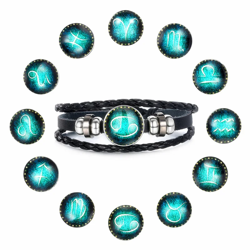 Fashion Luminous 12 Constellation Bracelet Zodiac Sign Beads Leather Bangle Bracelets For Women Punk Men Jewelry Accessories