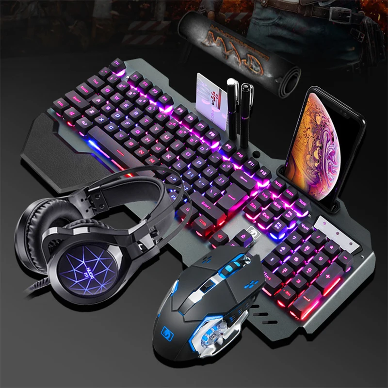 

Mechanical Rainbow Backlit Gaming Keyboard and Optical Mice With PC Gaming headset, Pen Phone Holder,Waterproof,Multi Shortcuts