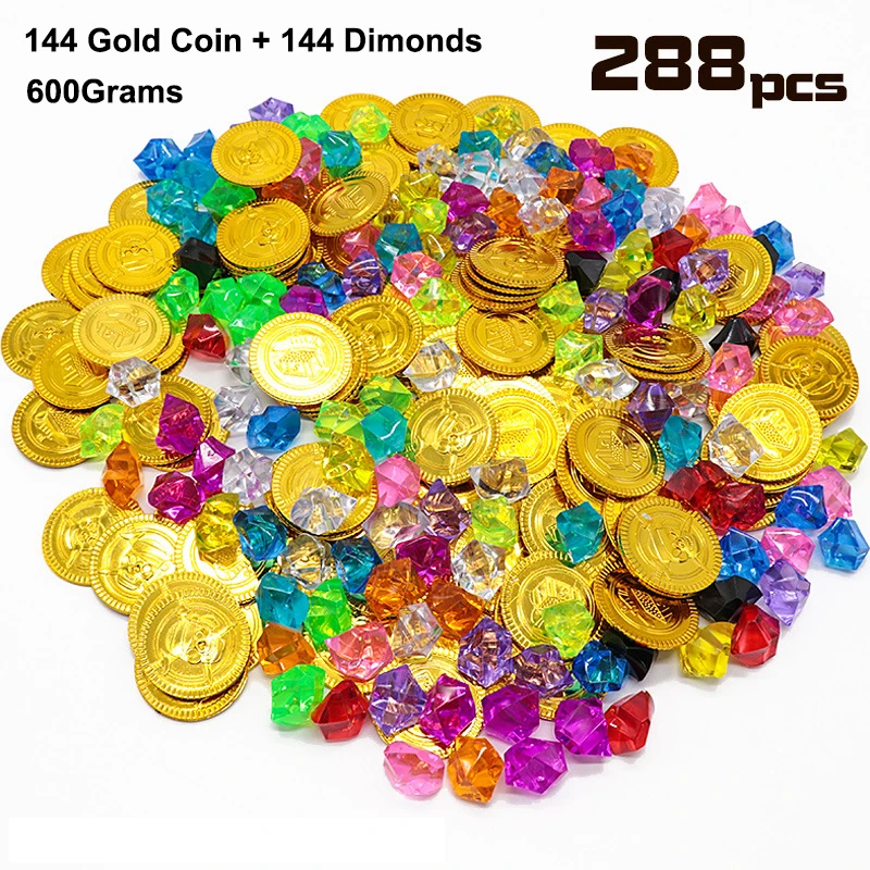 

Toy 288 Pieces Pirate Gold Coins and Pirate Gems Jewelry Playset Pack Party Favor. (144 Coins+144 Gems)