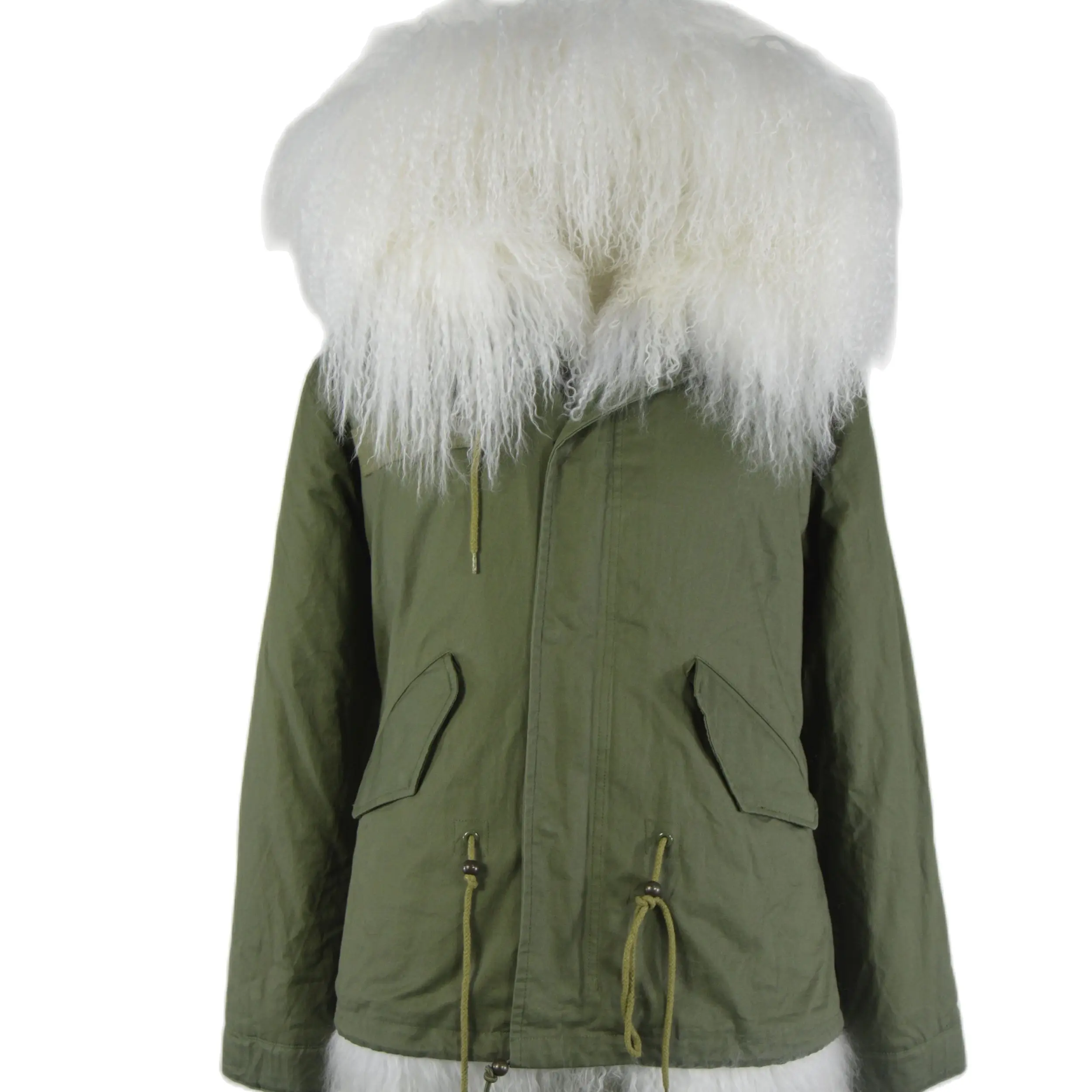 

Latest Army Green Parka Pearl White Fur Mongolia Sheep Fur Lined Coat With Oversized Fur Collar For Women