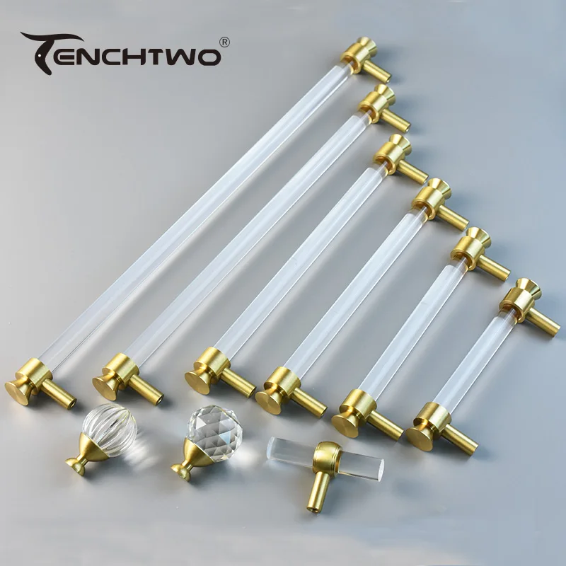 TENCHTWO Acrylic Crystal Kitchen Cabinet Pulls Shoe Cupboard Drawer Knobs Gold T Shape Dresser Door Handles Furniture Hardware