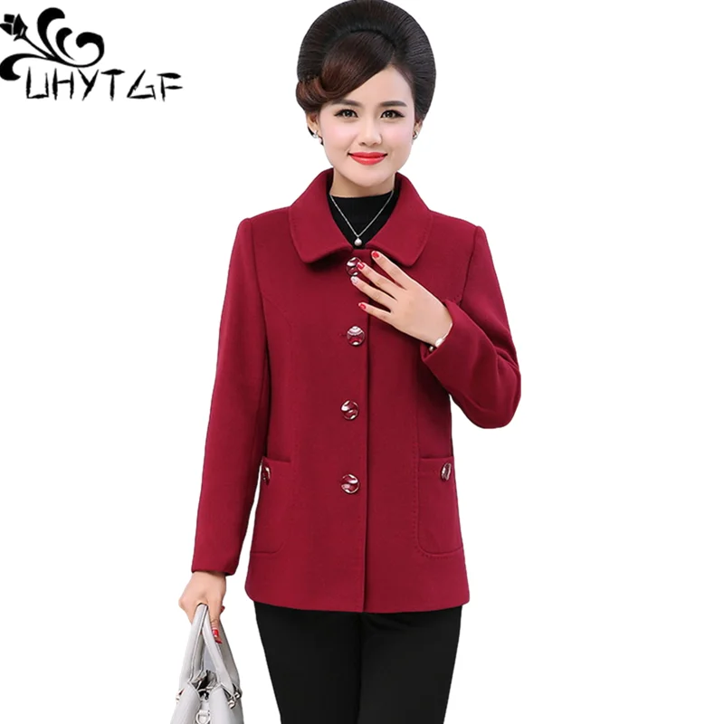 

UHYTGF Autumn Winter Jacket Women Woolen Coat Single-Breasted Wild Short Outerwear Middle-Aged Female 5XL Big Size Overcoat 2025