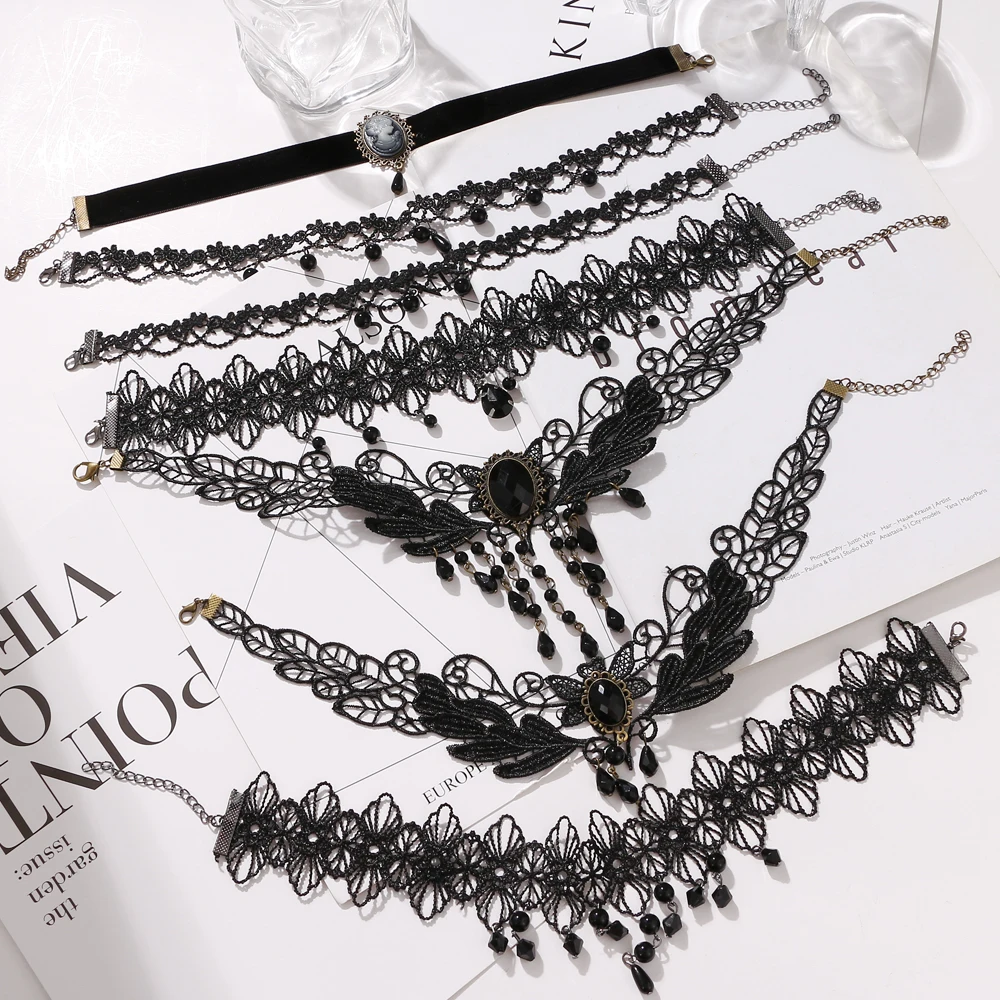 fashion Gothic Victorian Crystal Beads Tassel Tattoo Choker Necklace Black Lace Choker Collar Vintage Women Wedding Jewelry