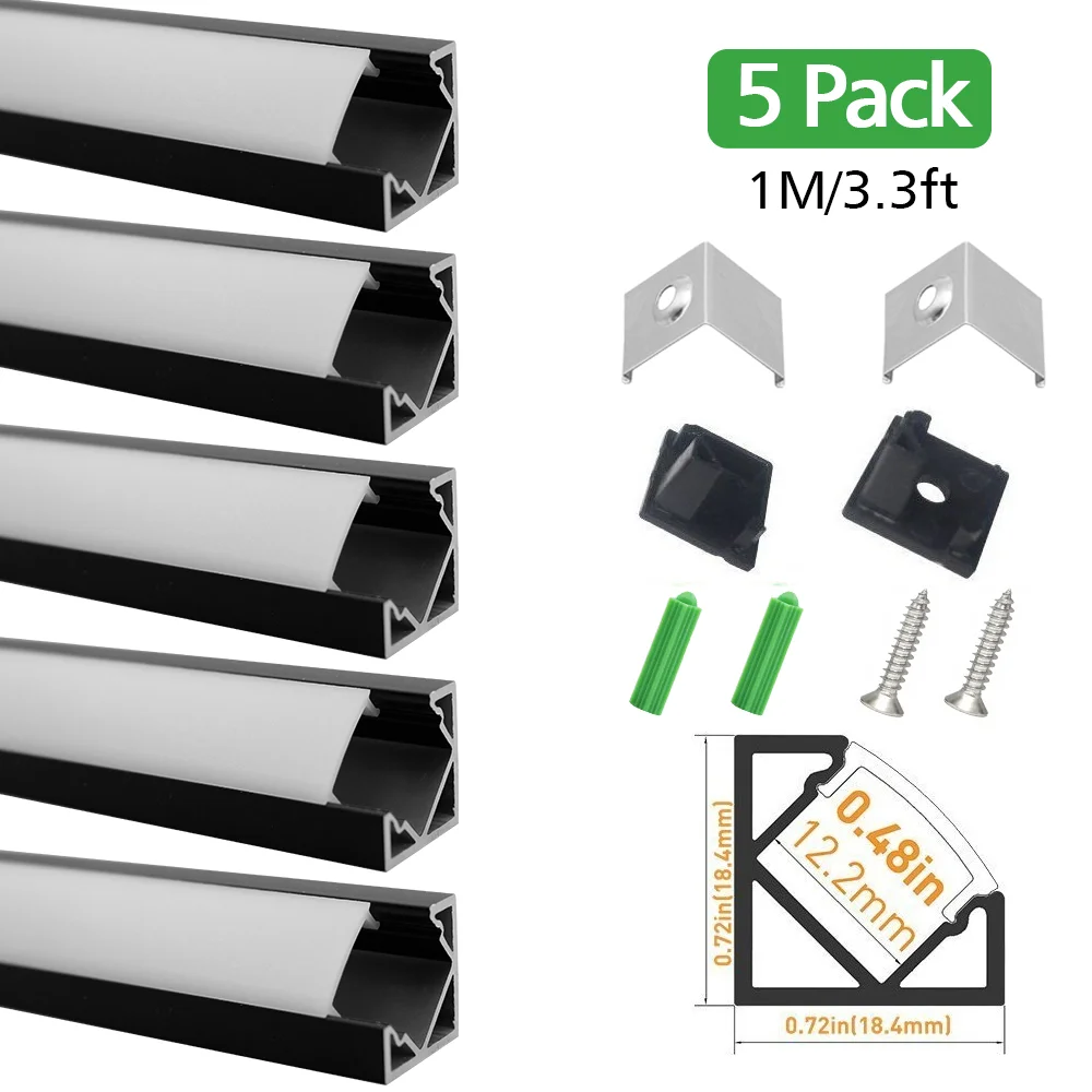 5sets/lot 1m Black Silver V03 V-shape Aluminum Profile Clip Channel with Milky White Cover for LED Strip Light Installations