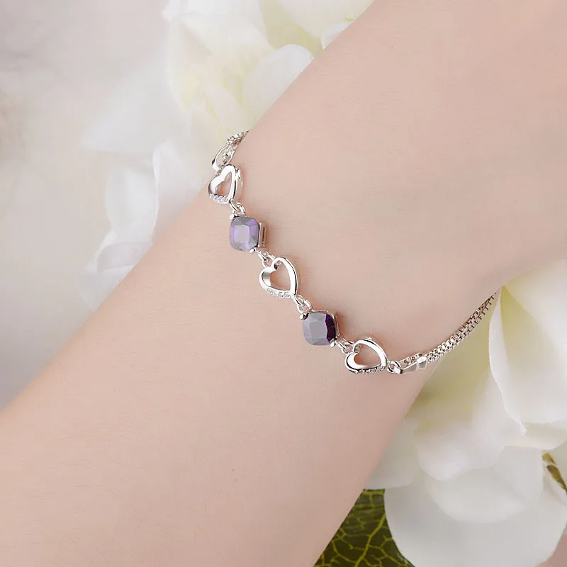 Heart Connected Charm Bracelet Women Real Silver Double Bracelet 925 Sterling Silver Original Jewelry Purple Stone Zirconina