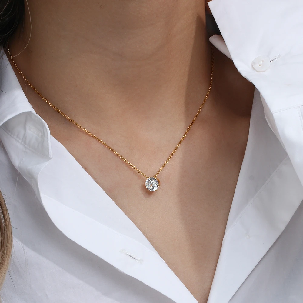 E.B.belle  Stainless Steel PVD Plated 3A Zircon Stone Crown Pendant Necklace Ladies Minimalist Weddng Party Crystal Necklace