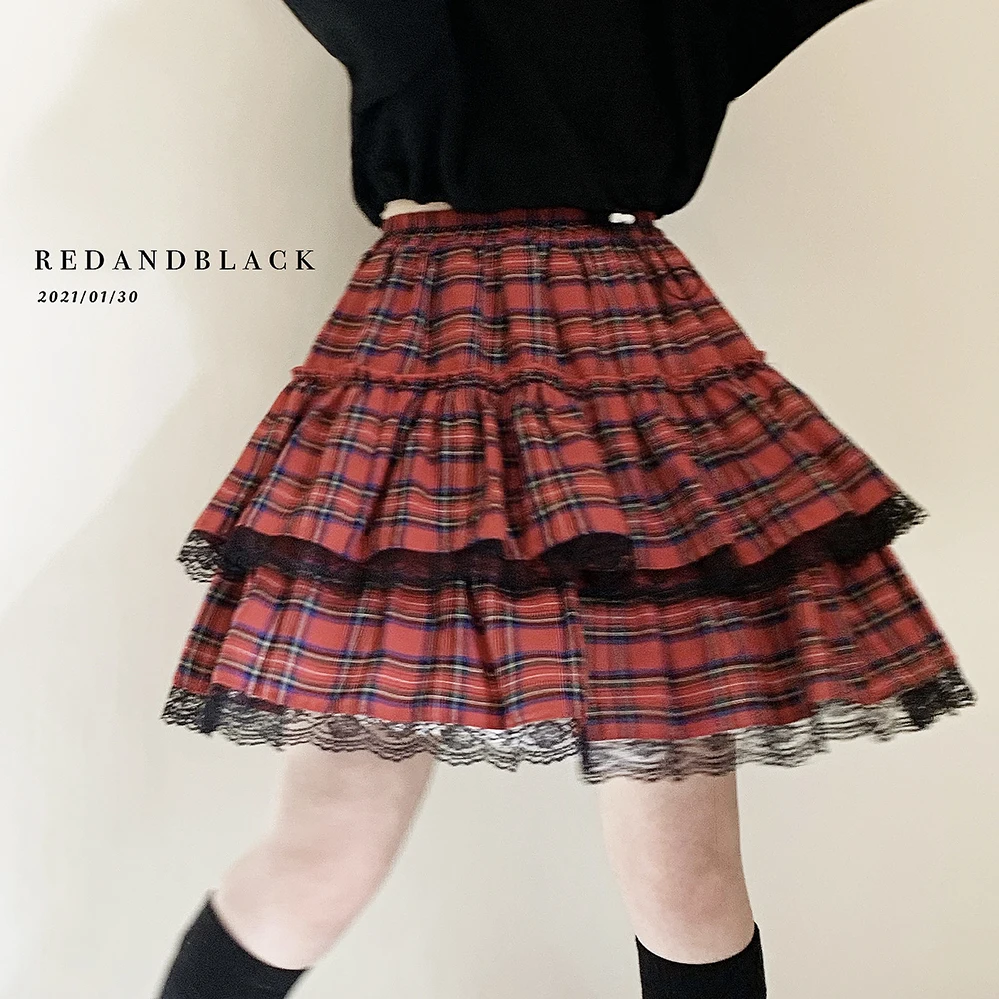 

Women's Gothic Harajuku Punk Red Plaid Mini Skirts, Kawaii A-Line, Black Lace Cake Skirts, Sweet Girl Fashion, New, Summer