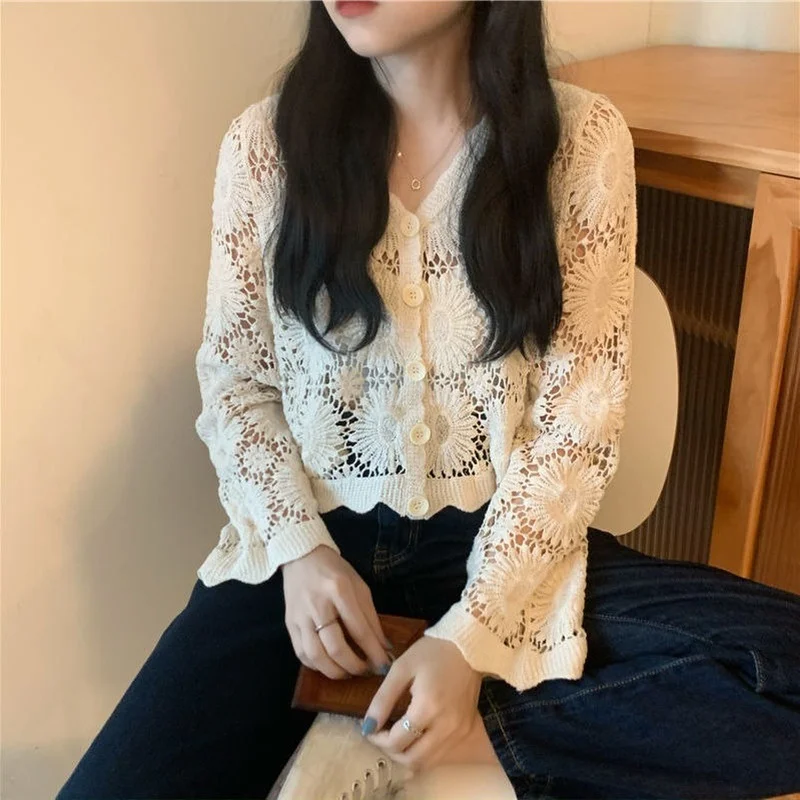 Basic Jackets Women Summer Knitting Loose Ins Hollow-Out Solid Casual All-match Soft Cozy Popular Korean Outwear Harajuku Mujer