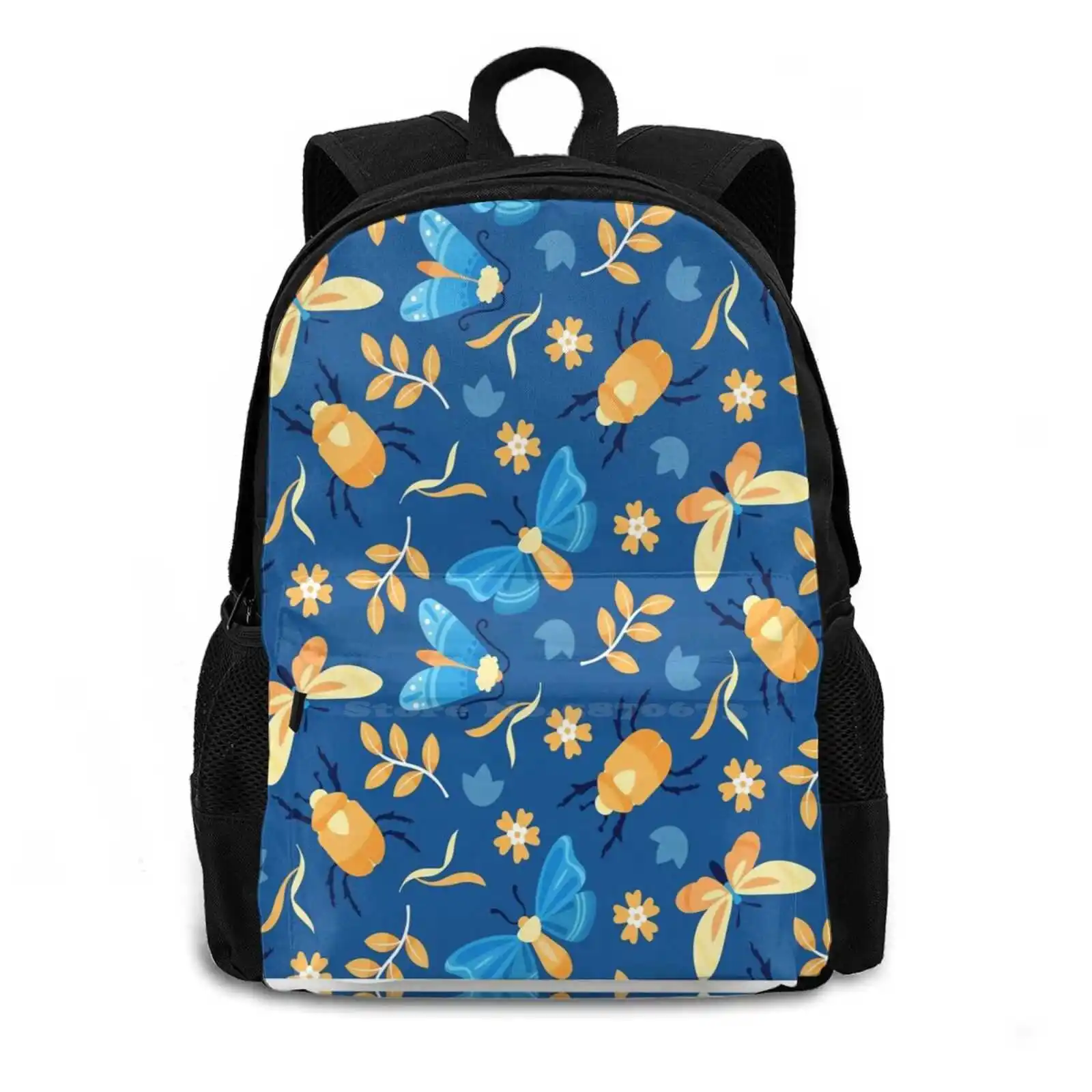 Flowers And Butterflies On Background Blue School Bag Big Capacity Backpack Laptop 15 Inch Blue Flowers Pattern Butterflies