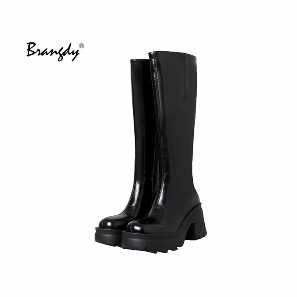 

Brangdy New Brand Female Fashion Platform Chunky High Heels Zipper Knee high Boots Woemn Zipper Metal Punk Autumn Shoes Woman