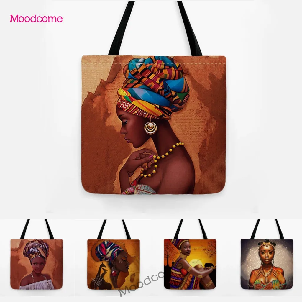 Africa Queen African Lady Woman Print Shoulder Shopping Bag Black Fashion Girl Art Water Resistant Cotton Linen Large Tote Bag