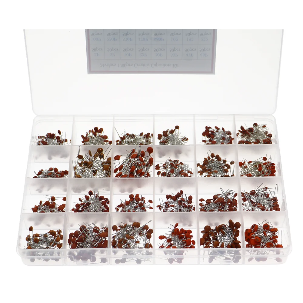 24Values Ceramic Capacitor Assortment Kit 2PF-0.1UF 50V Ceramic Capacitors Set 47PF 68PF 100PF 220PF Electronic Capacitor Pack