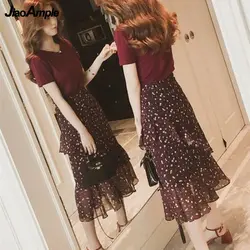 Summer Dress Suit 2024 New O-Neck Cotton Short-sleeved T-shirt Chiffon Midi Skirt Two-piece Women's Casual Fashion Clothing Set