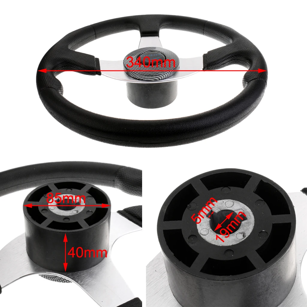 Premium 340mm 3 Spoke 3/4 inch Boat Steering Wheel with Center Cap for Universal Marine Boat Yacht Pontoon Boat