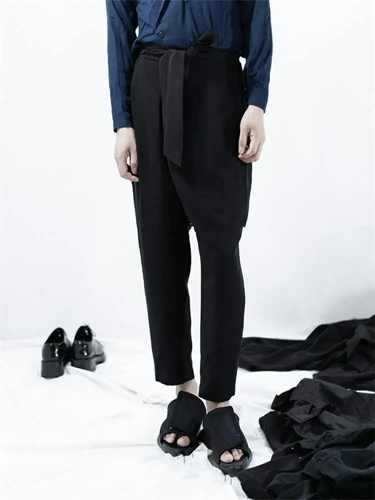 

Spring and autumn new men's leisure personality elastic waist back pocket straight pants black tie loose wide leg pants