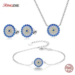 TONGZHE 925 Sterling Argento Dei Monili di Costume Blu Evil Eye 3 Piece Set Orecchini/Braccialetto/Collana Set di Gioielli Turco per Le Donne