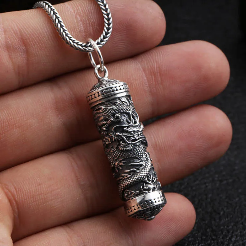 S925 Sterling Silver Vintage Thai Silver Ancient Tube Jewelry Engrave Dragon Design Men Memorial Pendant Holder Ash Urn Necklace